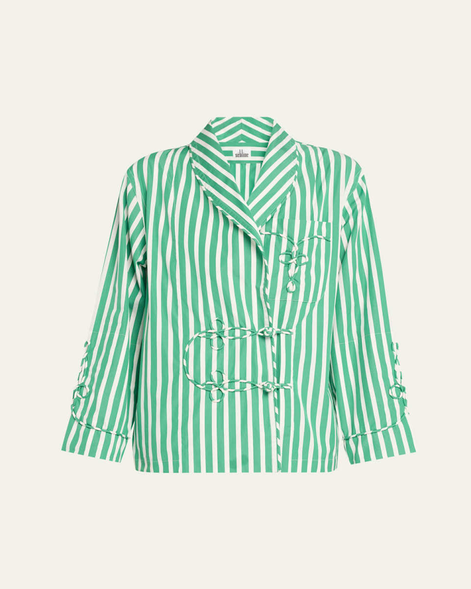 Cord-Embroidered Striped Cotton Jacket